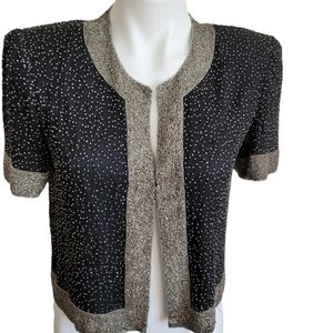 VTG Stenay Petite Jacket Beaded SP  Silk Black Silver Short Sleeve Hook Closure
